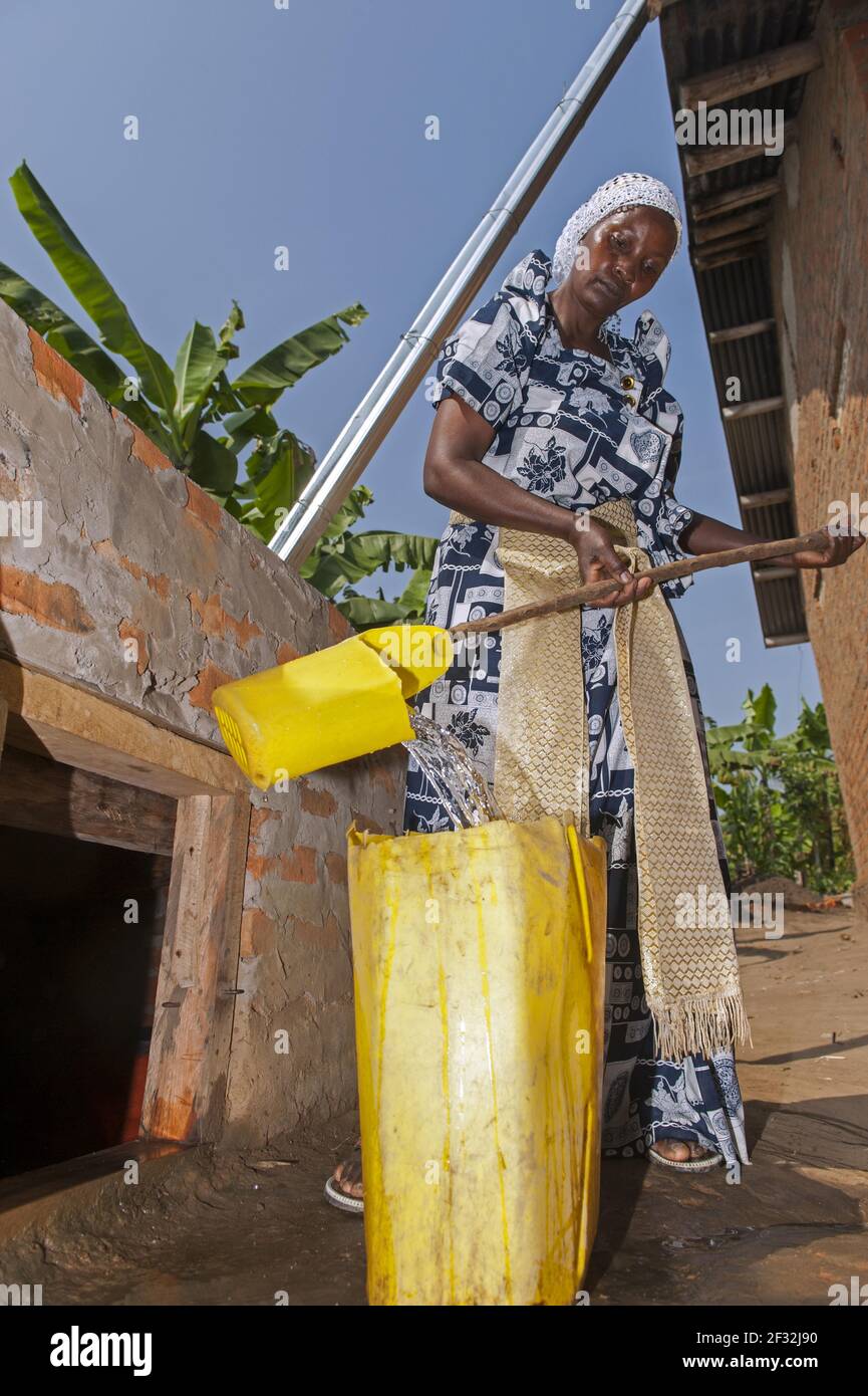 Woman getting water from storage pit, supplied by guttering from house roof, Uganda Stock Photo