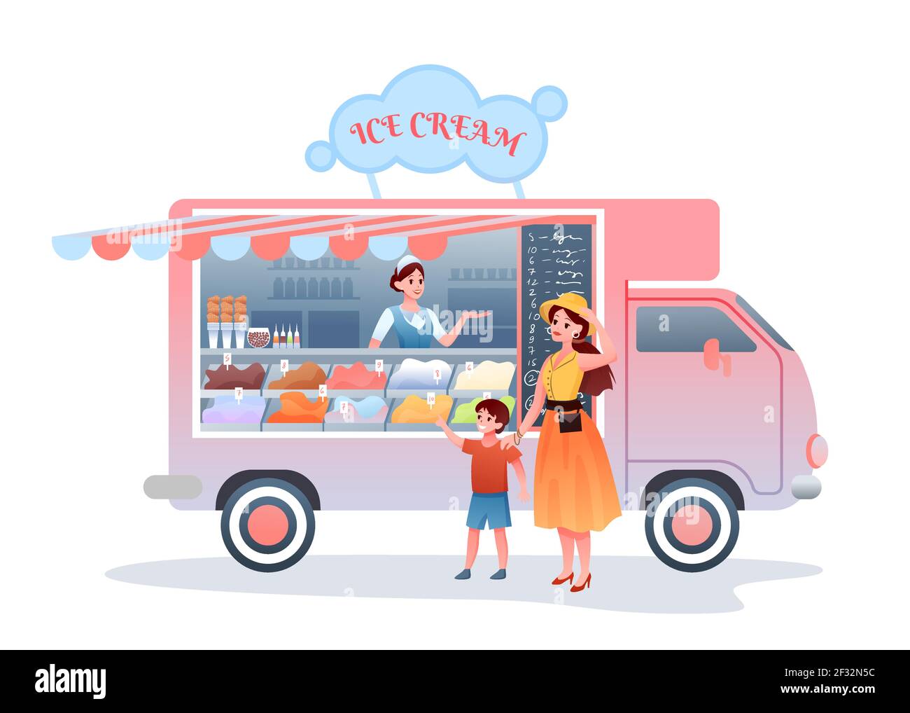 Ice cream street market food truck, mother buying child ice cream in kiosk marketplace Stock Vector