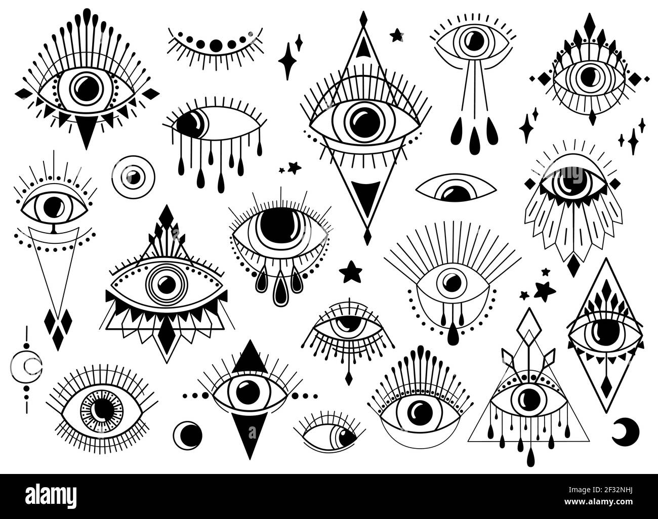 Magic witchcraft eye symbol. Evil eye. Magical esoteric  collection, religion sacred geometry symbols vector illustration icons set Stock Vector