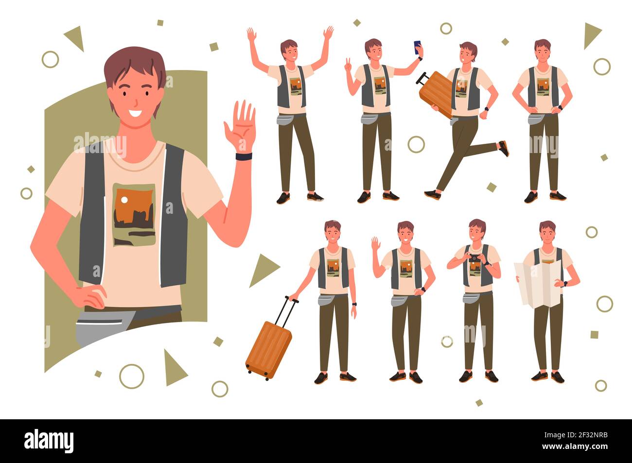 Tourist traveler pose set, happy young male portrait, man traveling and waving hand Stock Vector