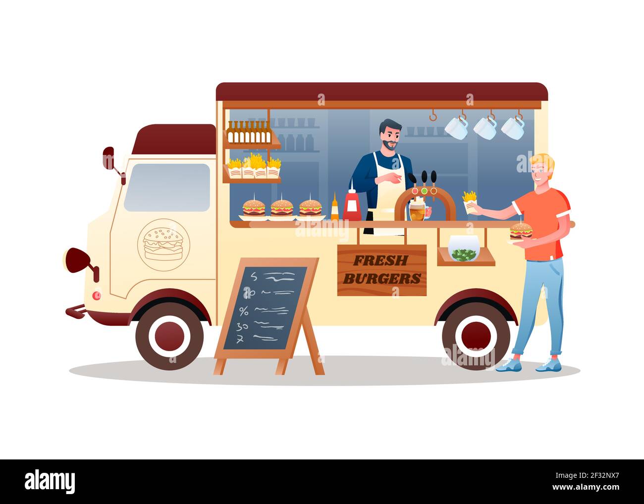 Burger street food market truck, van car vehicle transport with hamburger fries and beer Stock