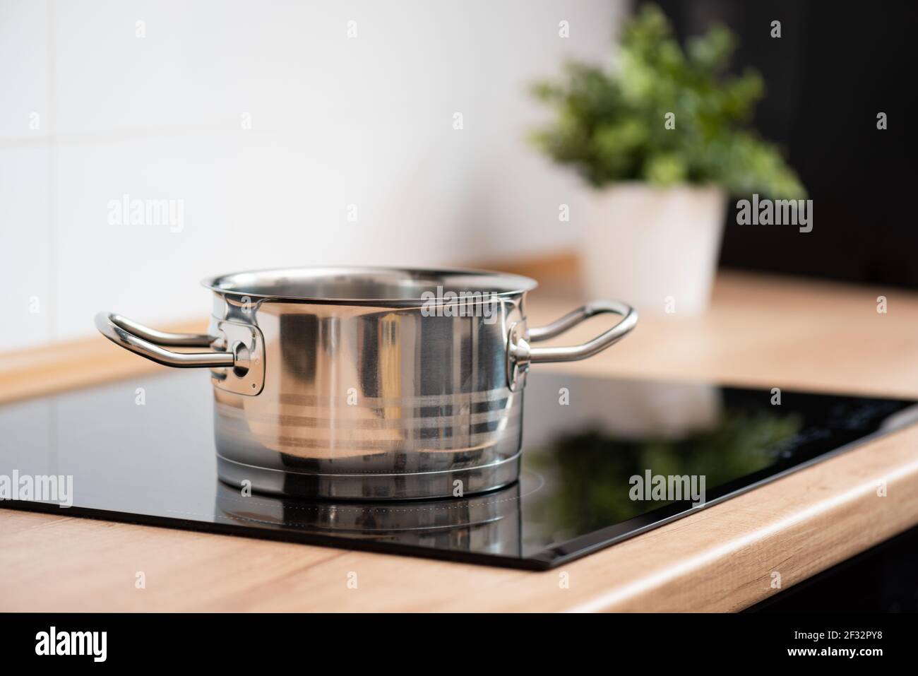 Pot in the kitchen on the induction hob. Induction electrical stove