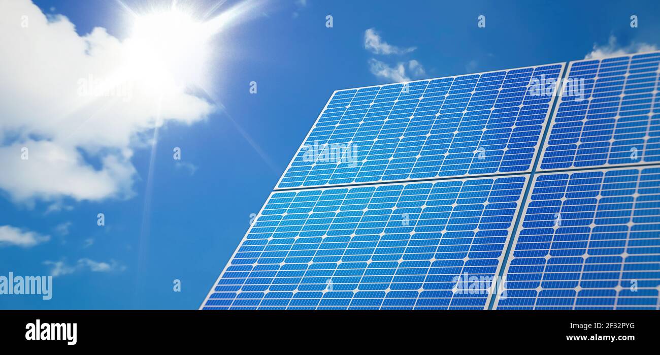 Solar panel illustration with 3D render and sky in background. Photovoltaic, renewable energy sources concept Stock Photo