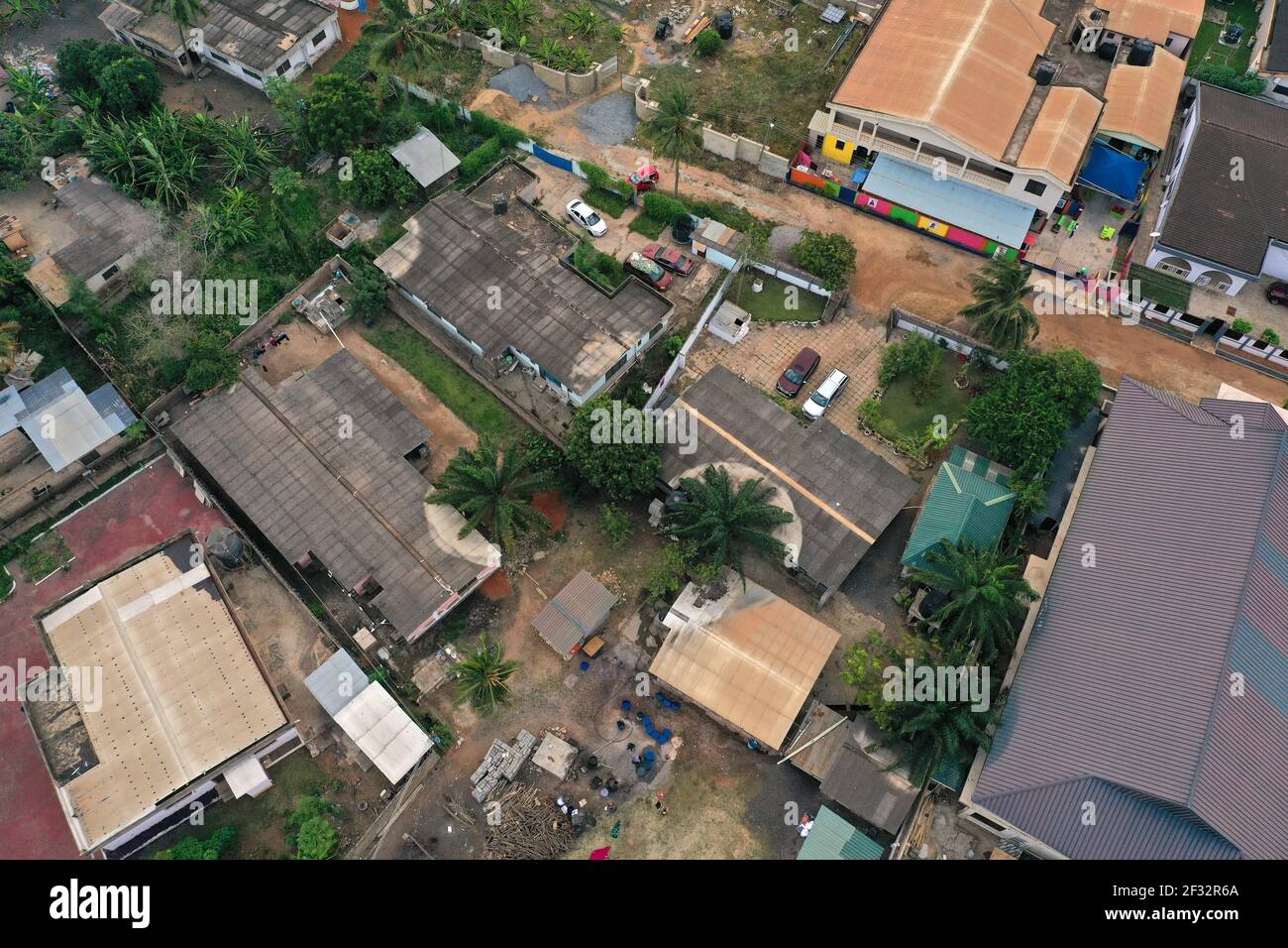 Aerial Accra Ghana residence and business Africa. Residential area with