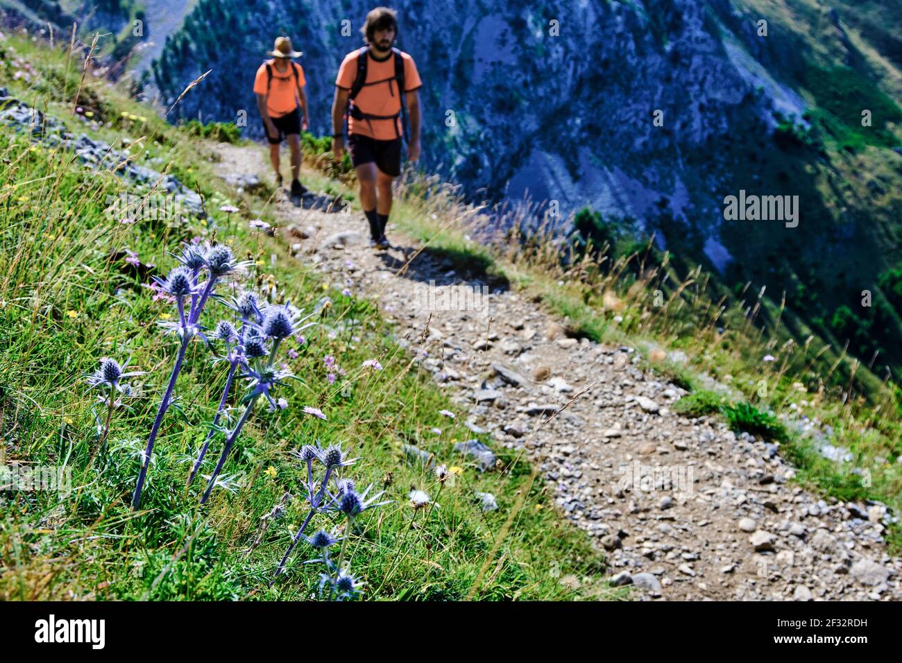 Hiker people in a path in a mountain landscape. Ibon de Acherito route. Valles Occidentales Natural Park. Hecho valley. Pyrenees mountain Range, Huesc Stock Photo