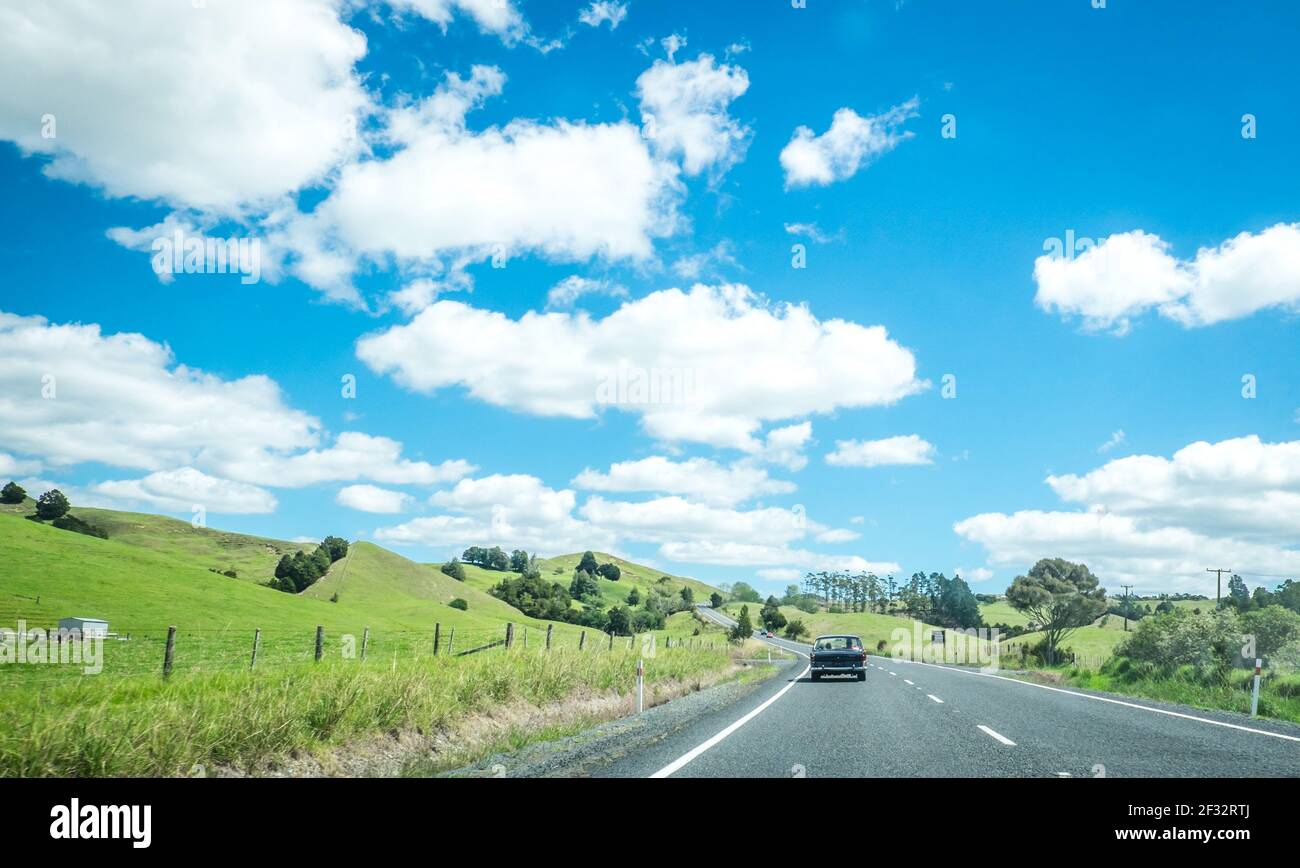 Far North, Northland, New Zealand - March 14, 2021: Car driving on State Highway 10 Stock Photo
