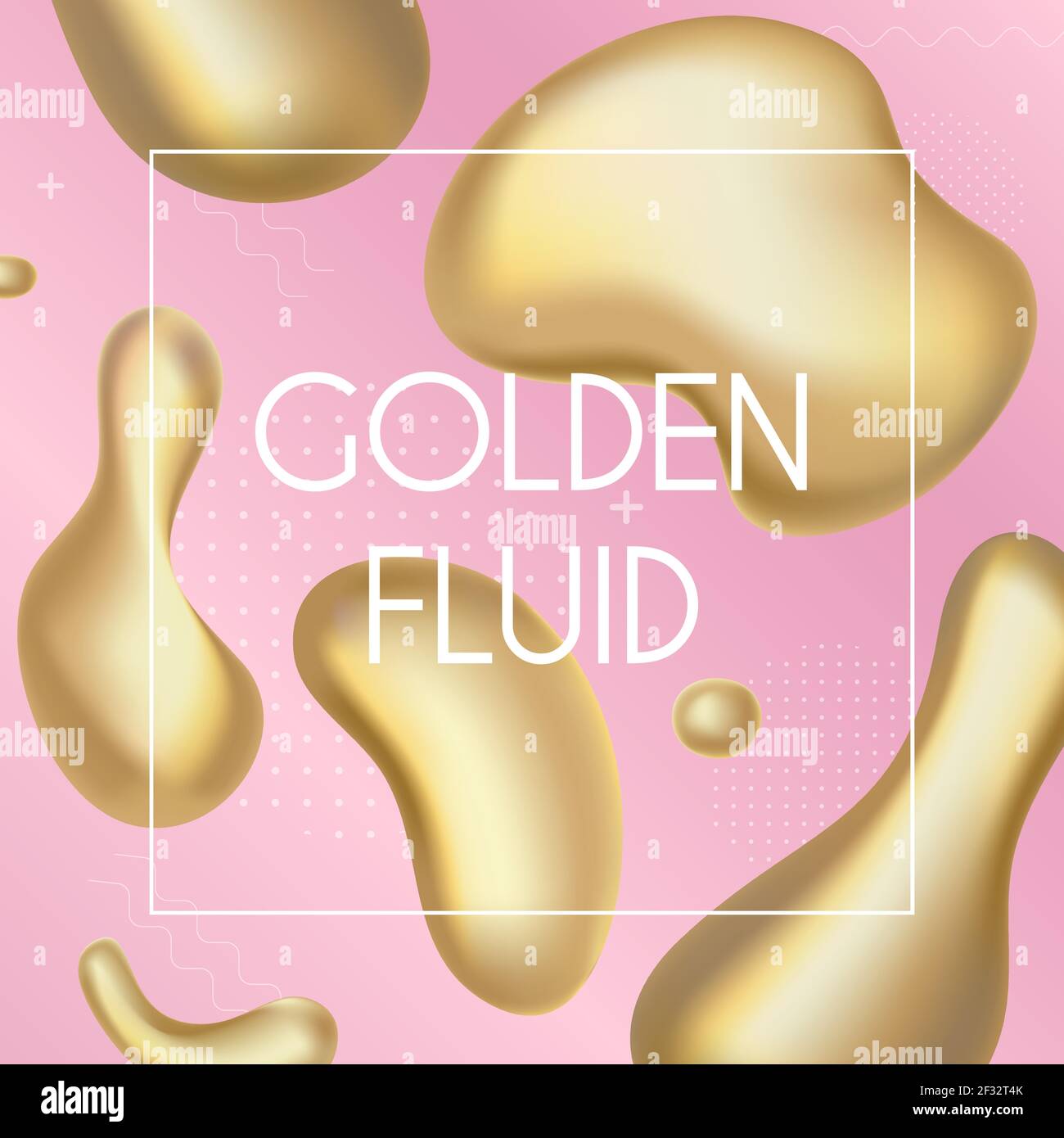 Gold liquid splash abstract shapes and luminous drops, 3d yellow metal fluid drops Stock Vector