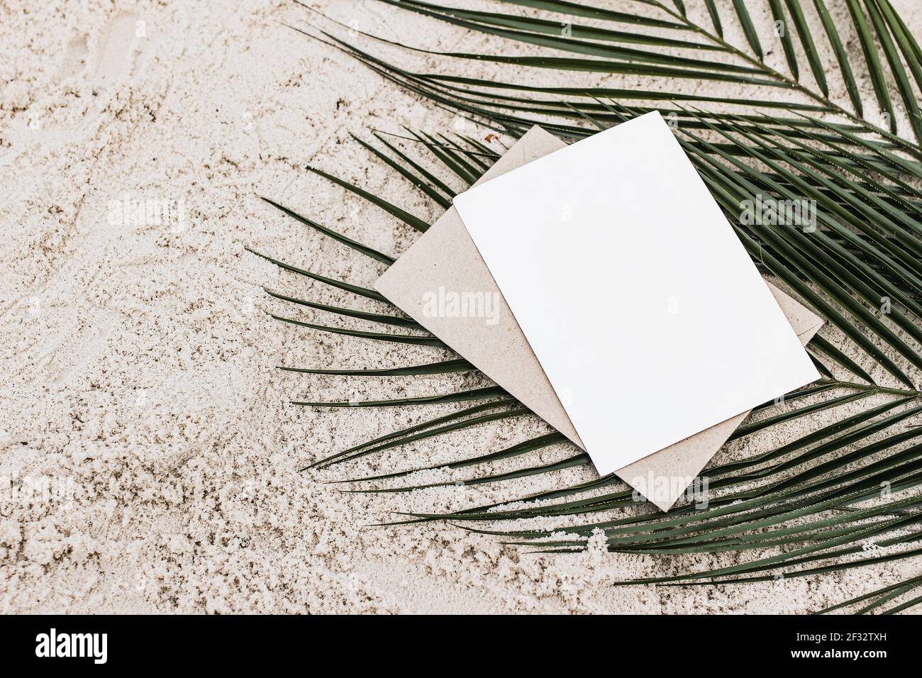 Summer stationery still life. Closeup of blank card mock-up and craft envelope on green date palm leaves. Sandy beach background or desert. Flat lay Stock Photo