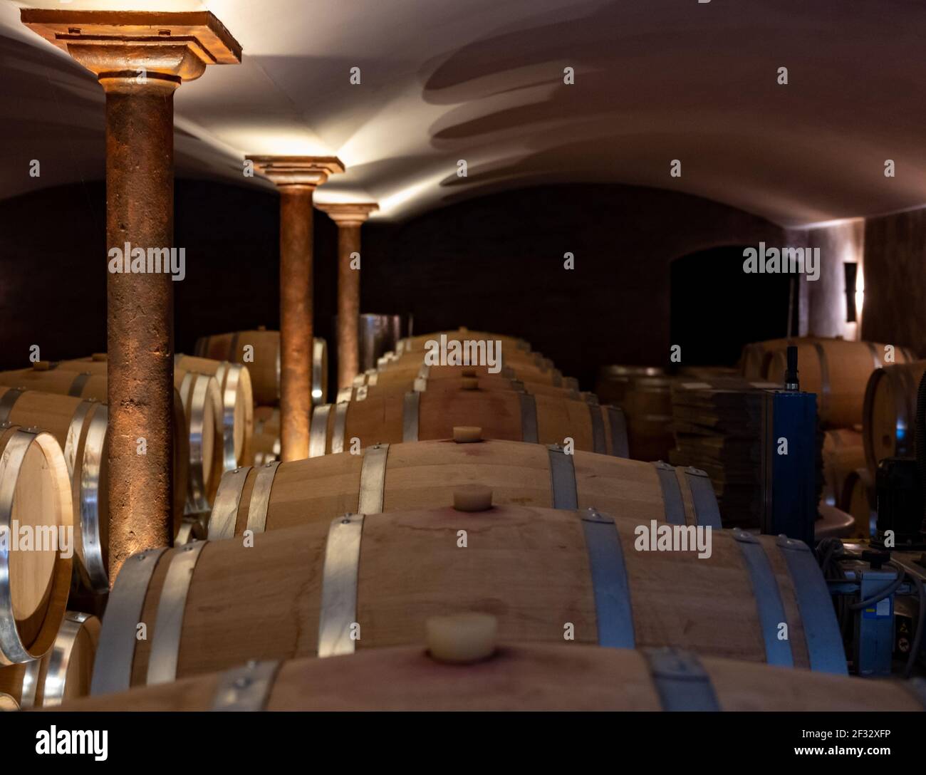 Cave with many wine casks on wine domain in Cotes de Provence near 