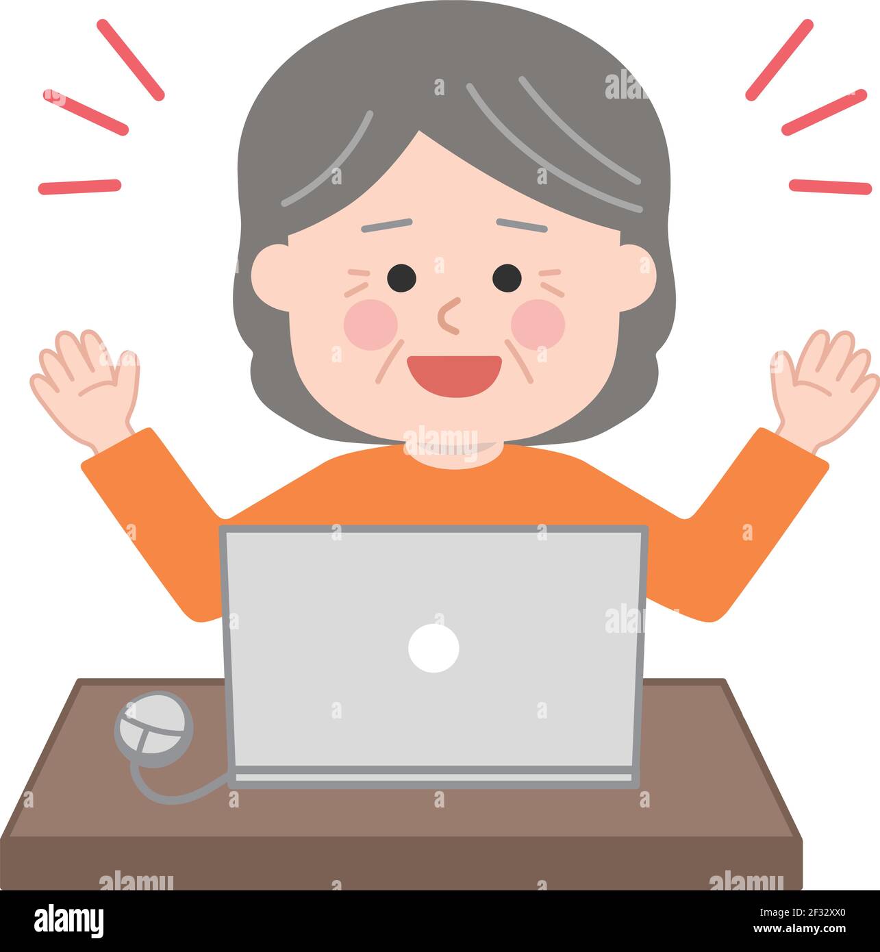 Elderly woman having discovered something very interesting on laptop computer. Stock Vector