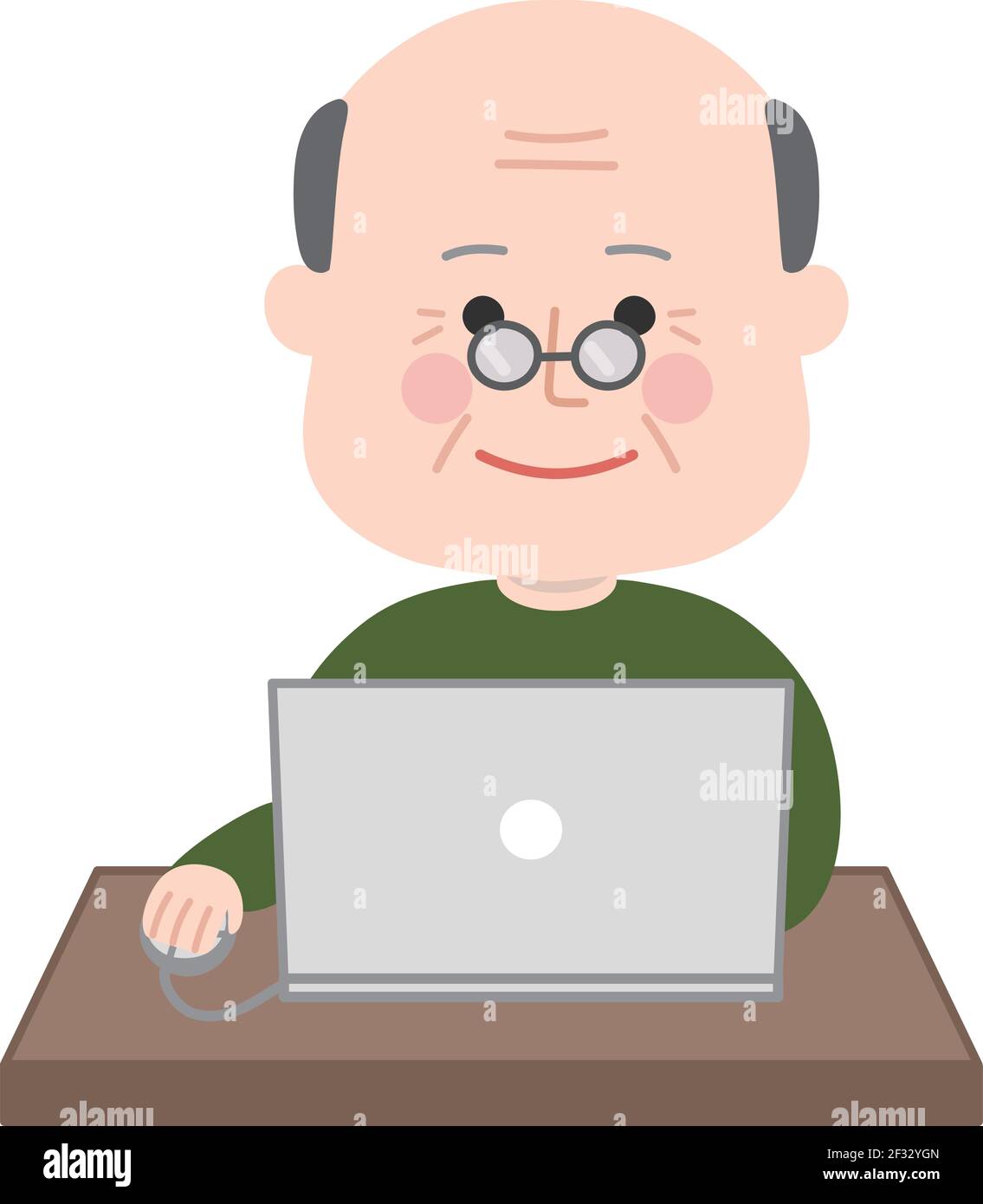 Elderly man using a laptop computer. Vector illustration isolated on white background. Stock Vector