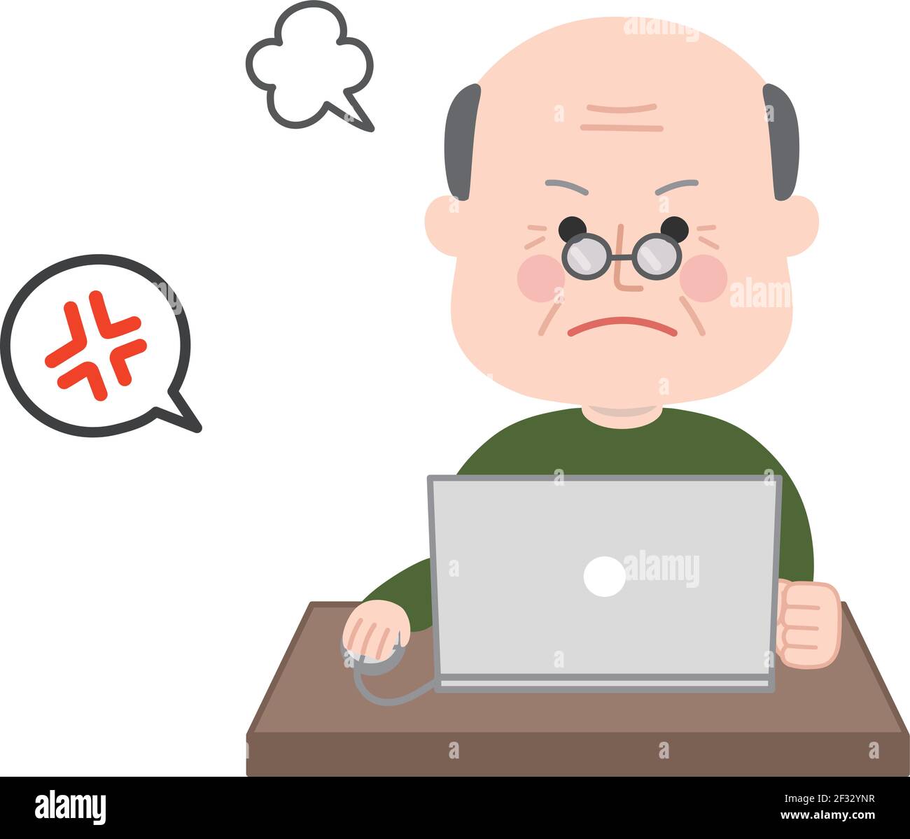 Angry elderly man looking at a laptop computer. Vector illustration isolated on white background. Stock Vector