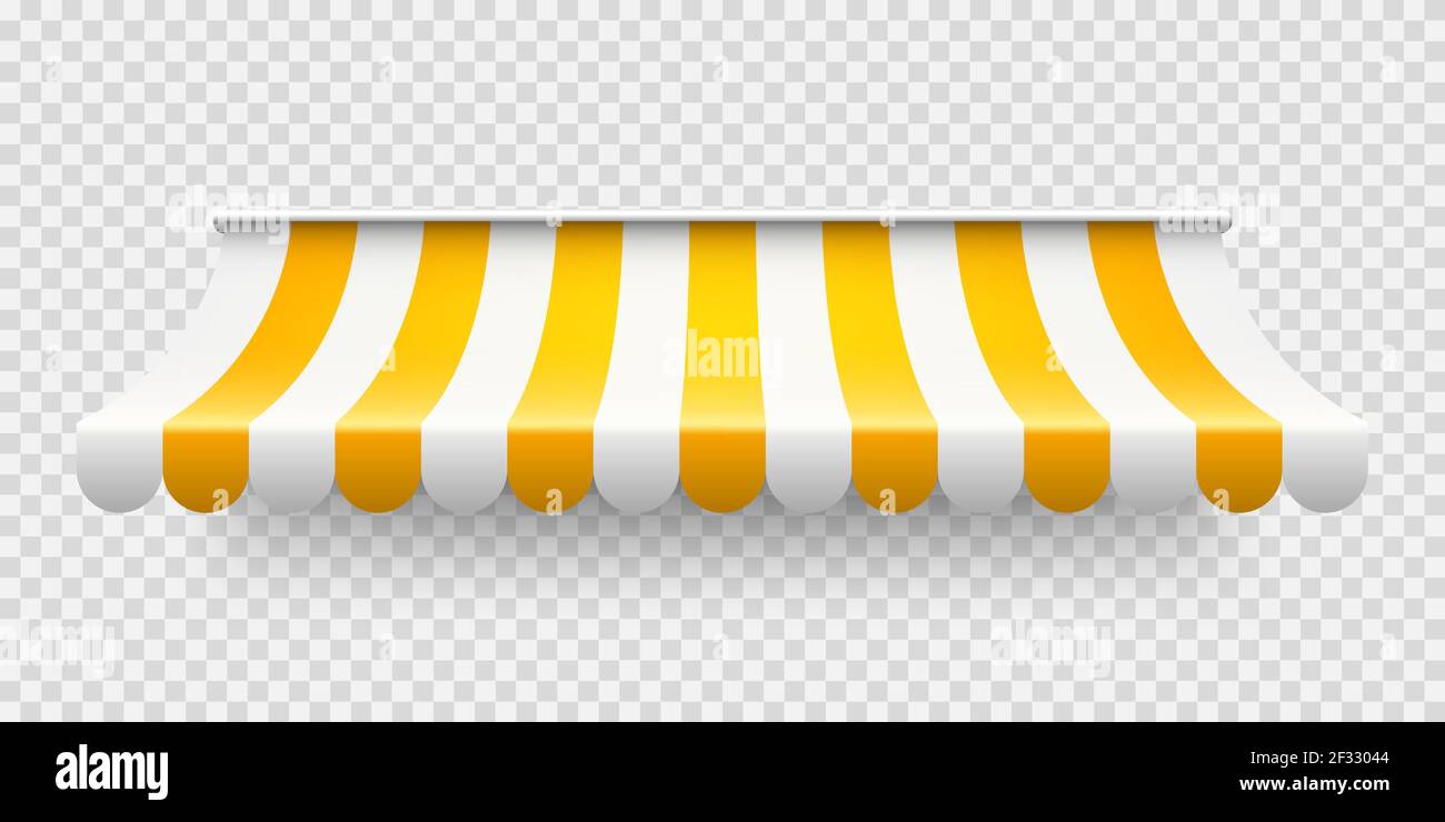 Yellow shop sunshade on transparent background. Realistic striped cafe ...