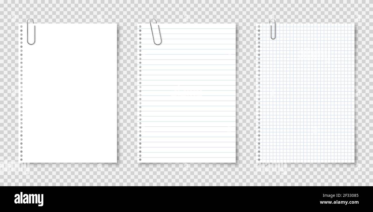 Realistic blank paper sheets in A4 format with metal clip, holder on transparent background