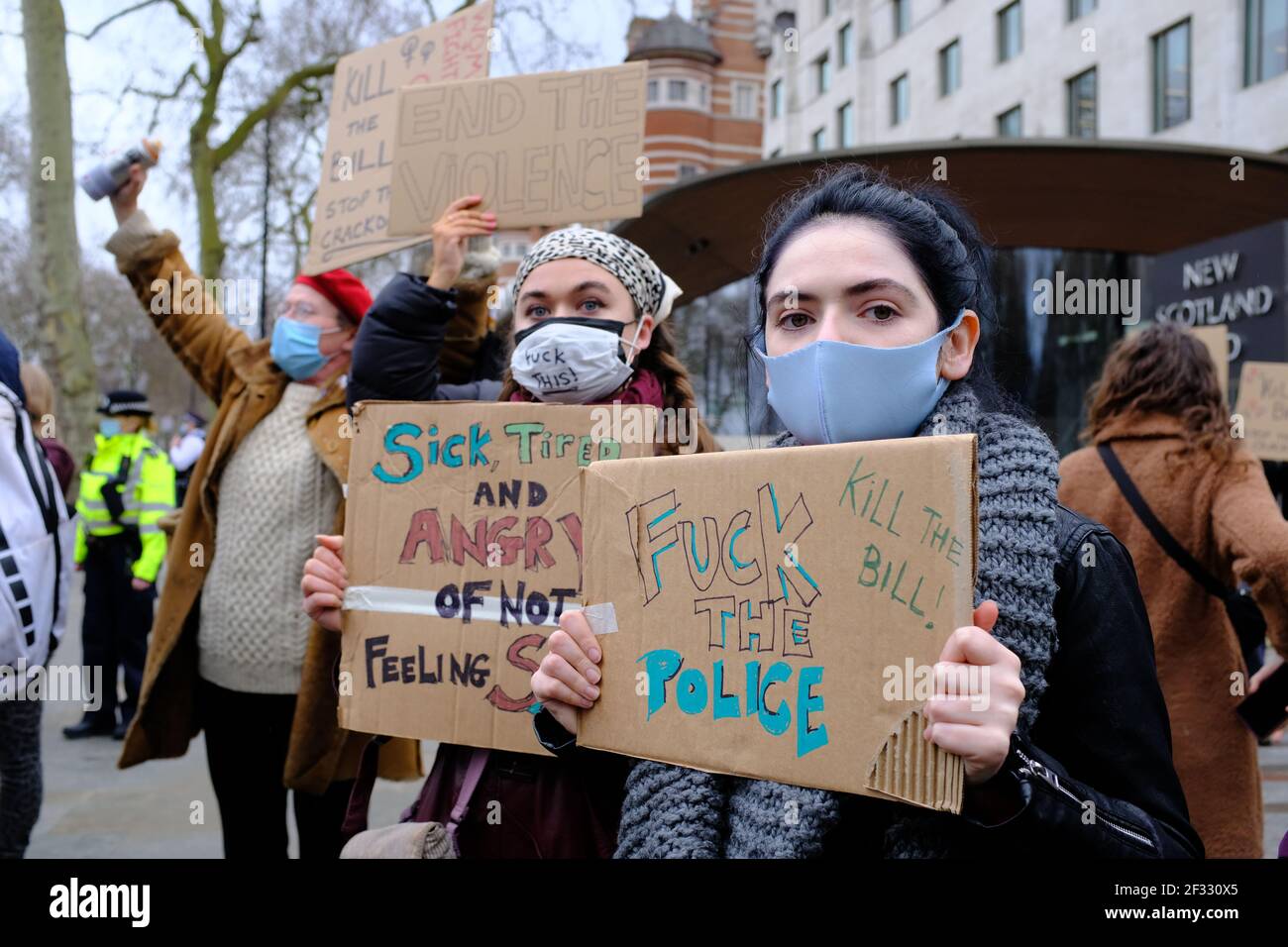 LONDON - 14TH MARCH 2021: A protest outside New Scotland Yard, against police brutality and for women's rights. Stock Photo
