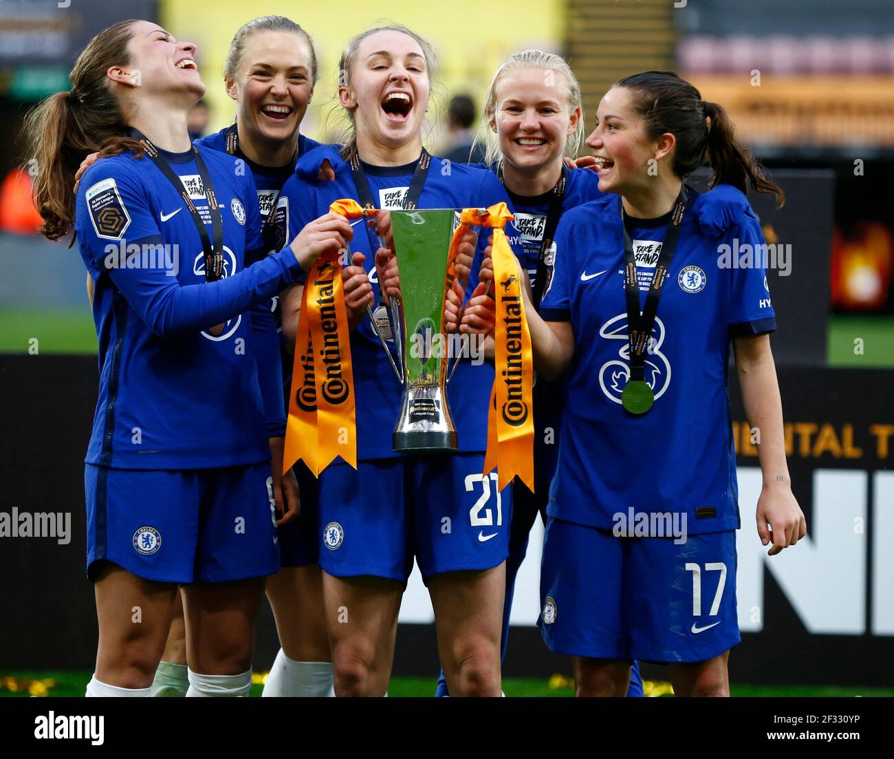 Watford, UK. 14th Mar, 2021. WATFORD, ENGLAND - MARCH 14: L-R Chelsea Ladies Melanie Leupolz, Chelsea Ladies Niamh Charles and Chelsea Ladies Jessie Fleming (front Row) with Trphyafter FA Women's Continental Tyre League Cup Final between Bristol City and Chelsea at Vicarage Road Stadium, Watford, UK on 14th March 2021 Credit: Action Foto Sport/Alamy Live News Stock Photo