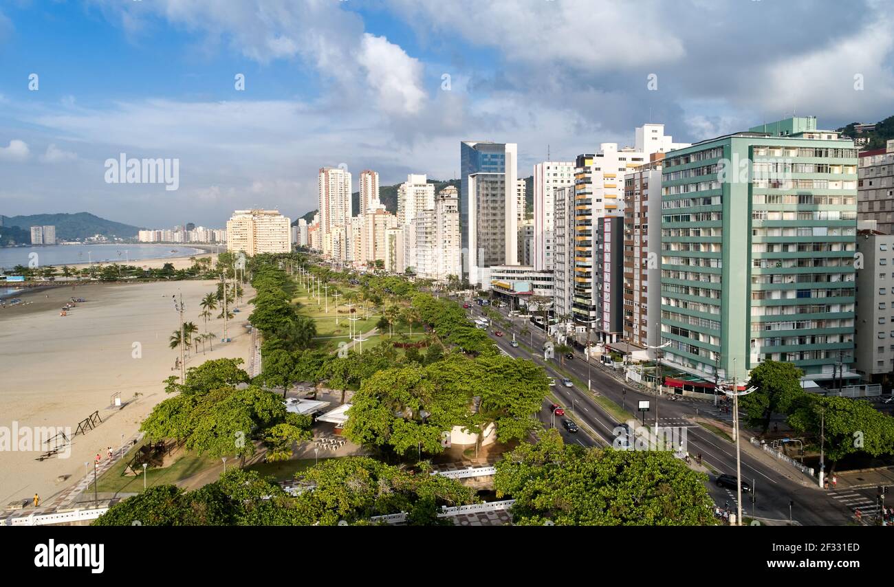 Aerial view of Santos city, buildings on the waterfront avenue, county seat of Baixada Santista, on the coast of Sao Paulo state, Brazil. Stock Photo
