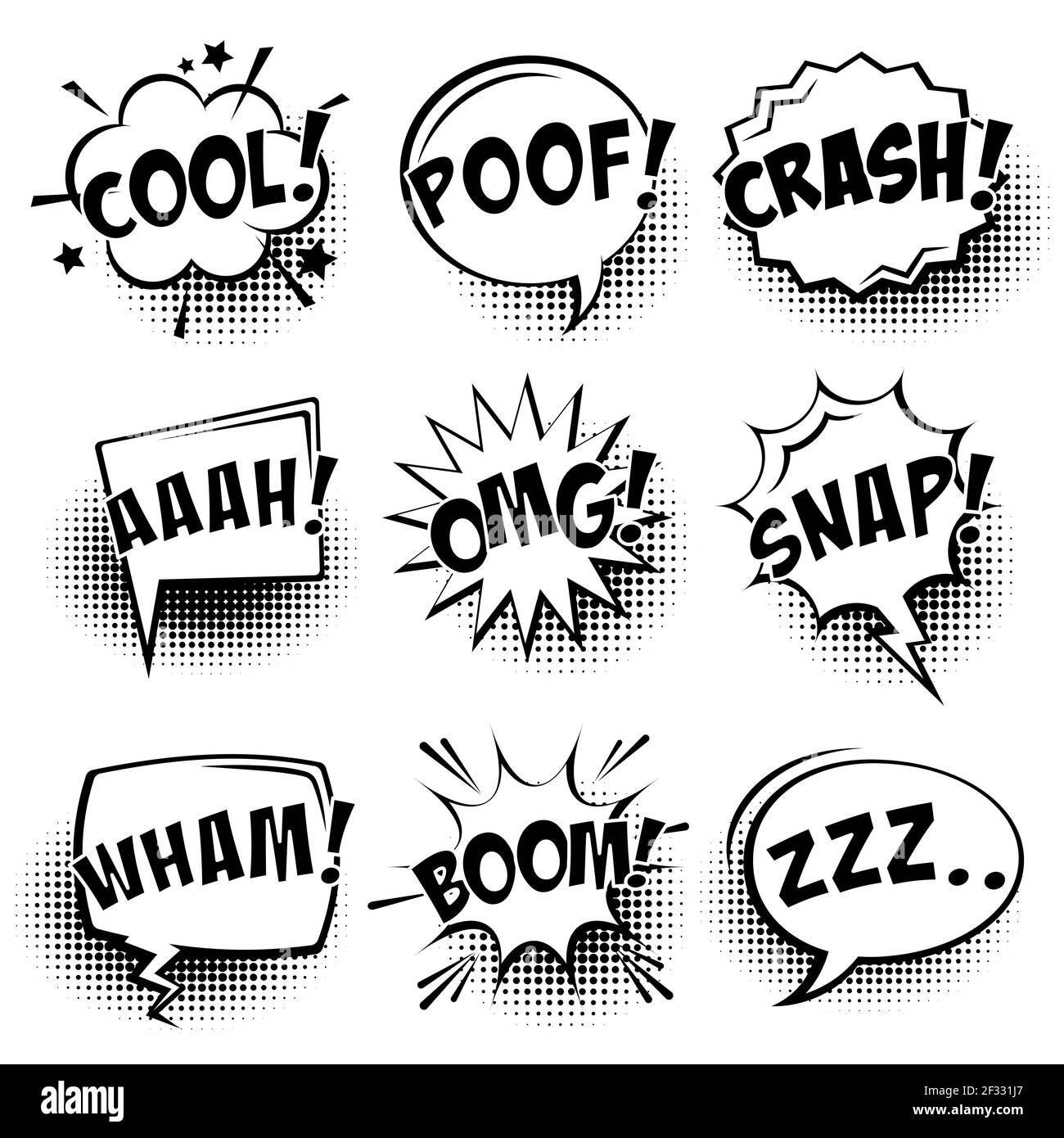 Comic speech bubbles with halftone shadows and text isolated on white ...
