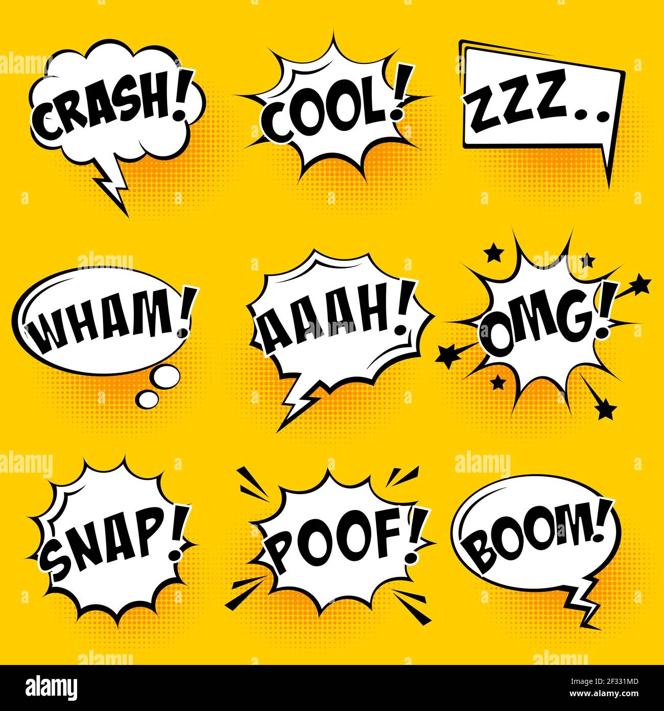 Comic speech bubbles with halftone shadows and text on yellow ...