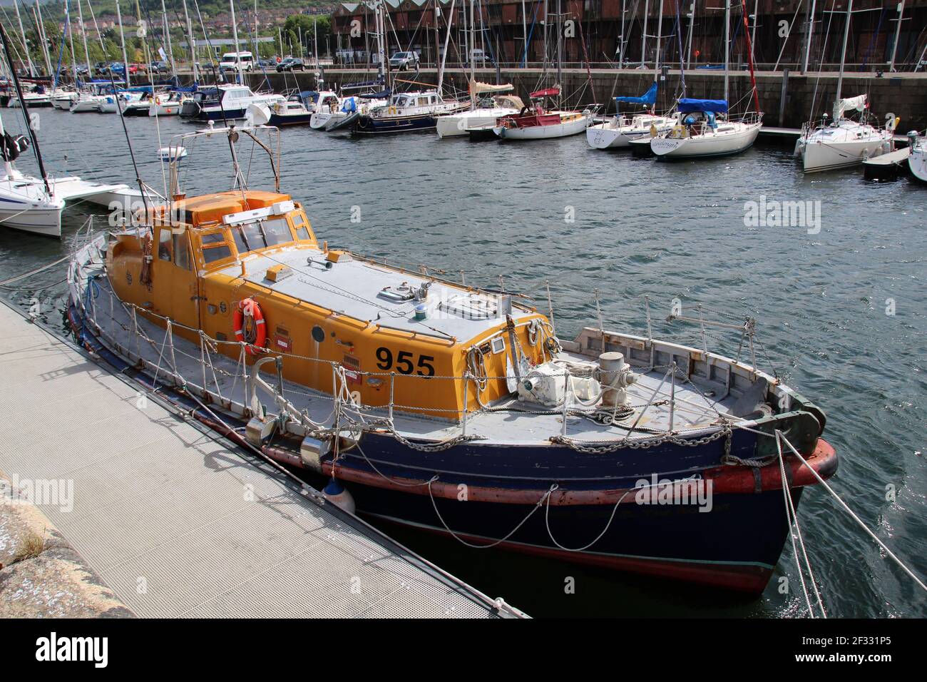 The former RNLI lifeboat The Robert (955), at James Watt Dock, Greenock, on the Firth of Clyde. Stock Photo