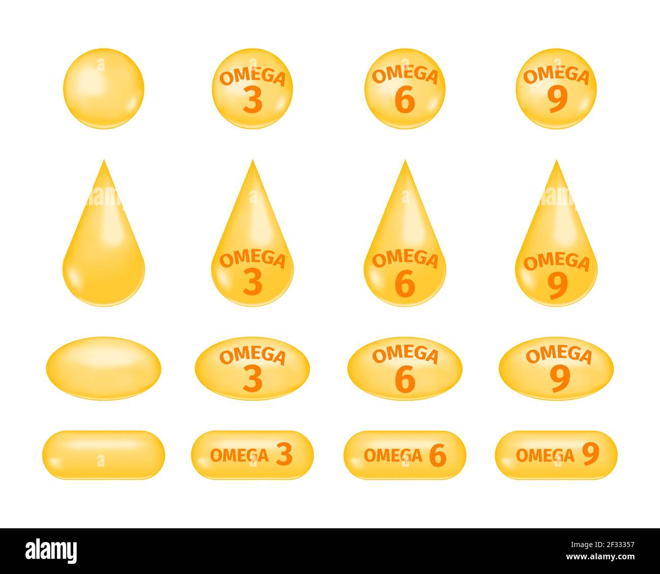 Omega fatty acids 3, 6 and 9. Golden drops and pills of fish oil set