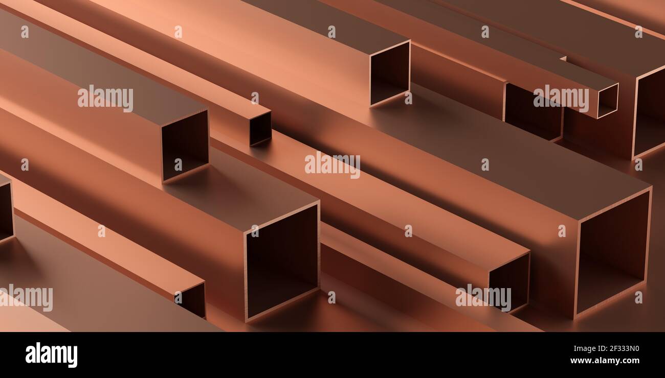 Copper square profiles stack or heap frame filling background, metal manufactoring or product concept, 3D illustration Stock Photo