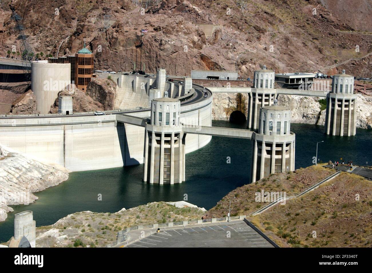 Hoover Dam complex located at Lake Mead, Arizona & Nevada, USA Stock Photo