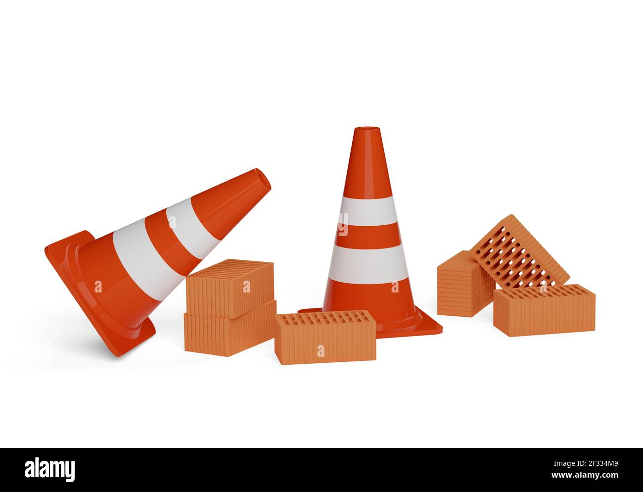 Orange traffic warning cones or pylons with stone bricks on white background - under construction, maintenance or attention concept, 3D illustration Stock Photo