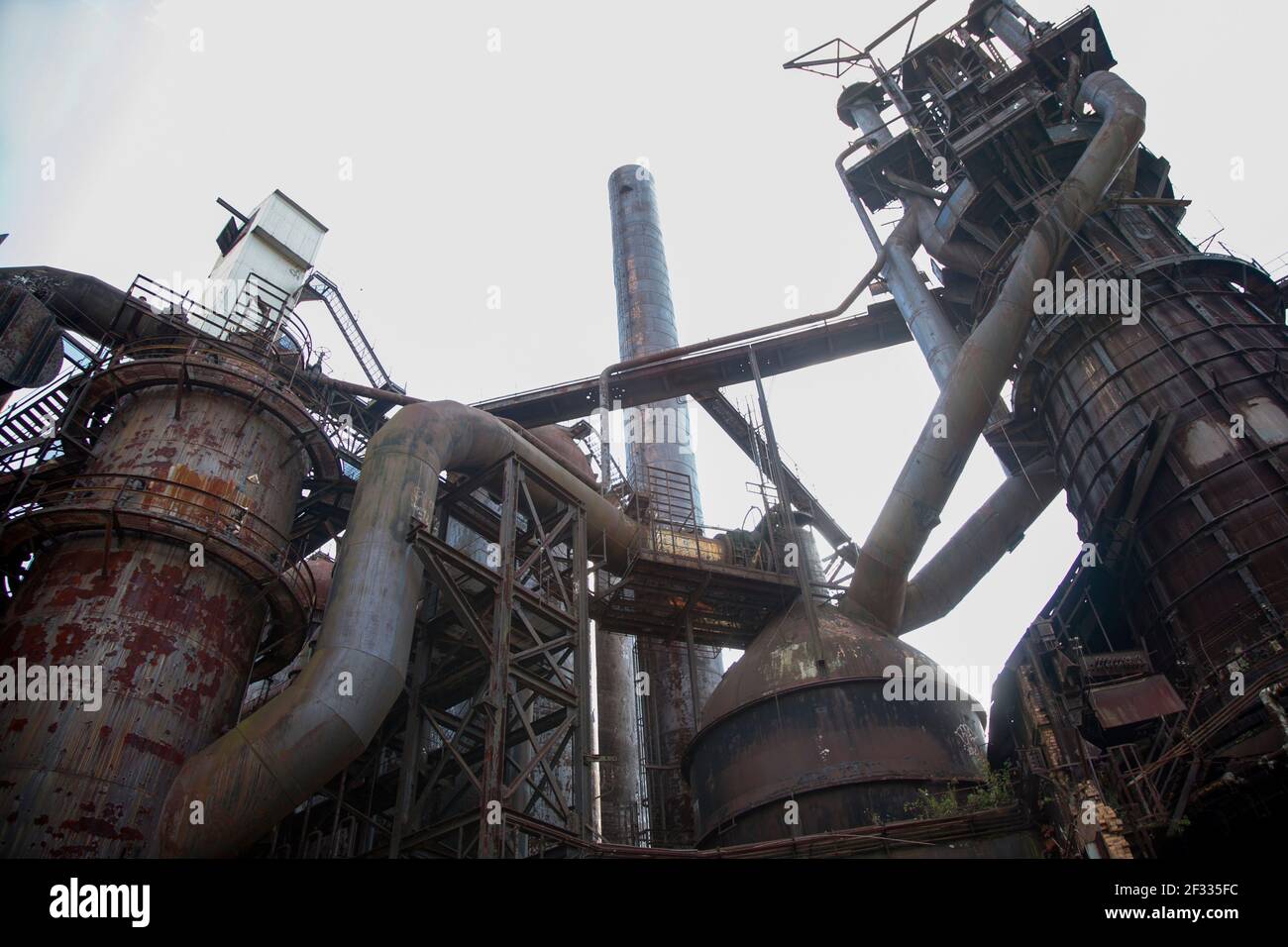 A view of the industrial machinery and pipes at the Carrie Furnace In Pittsburgh PA USA Stock Photo