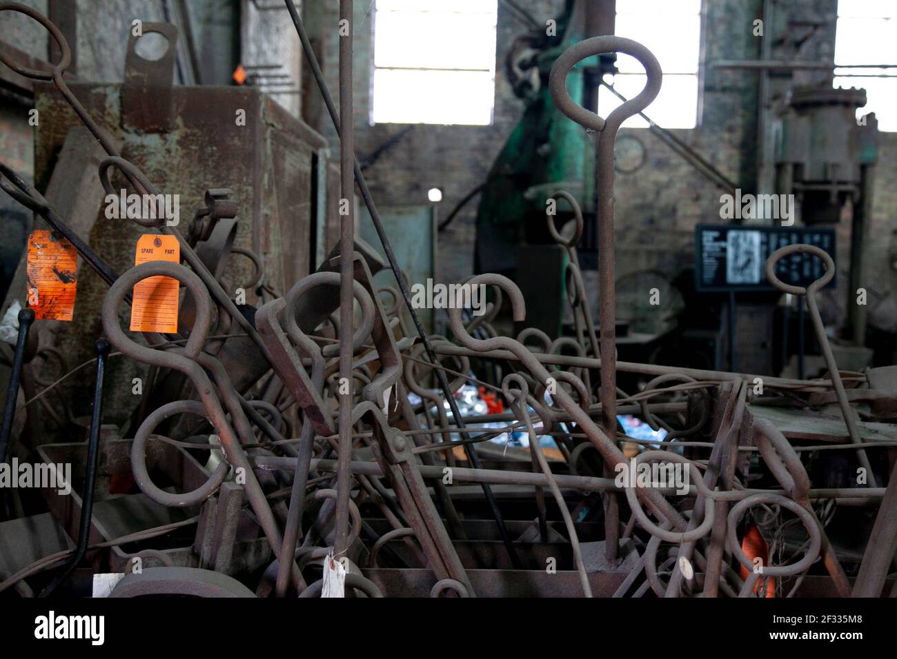 A variety of metal tools for working with hot steel at the Carrie Furnace In Pittsburgh PA USA Stock Photo