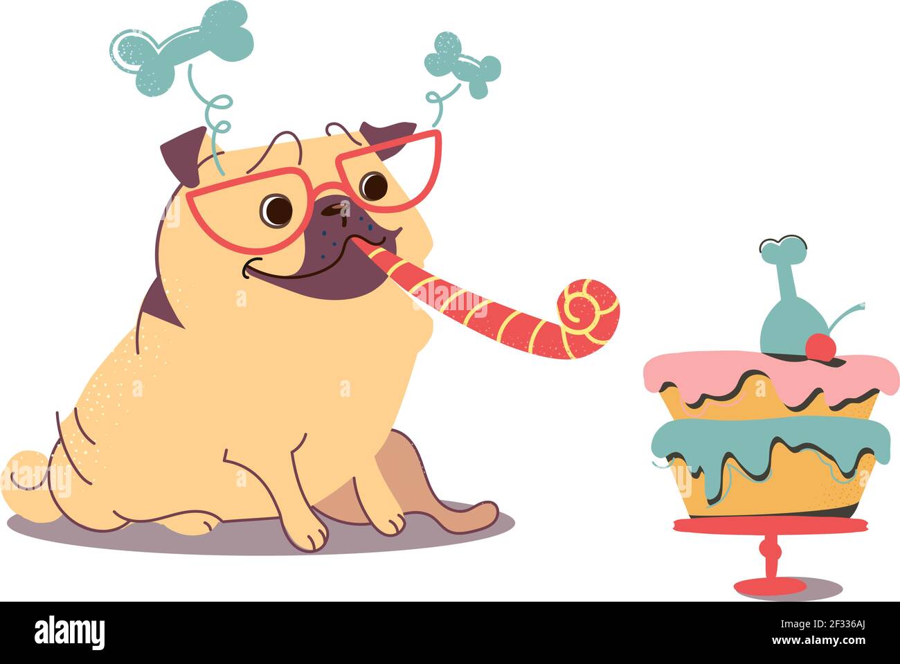 Greeting cards with a cute cartoon pug, next to the dog cake with chicken  leg. The dog has a birthday. Funny vector animal, little puppy in glasses  and a pipe Stock Vector