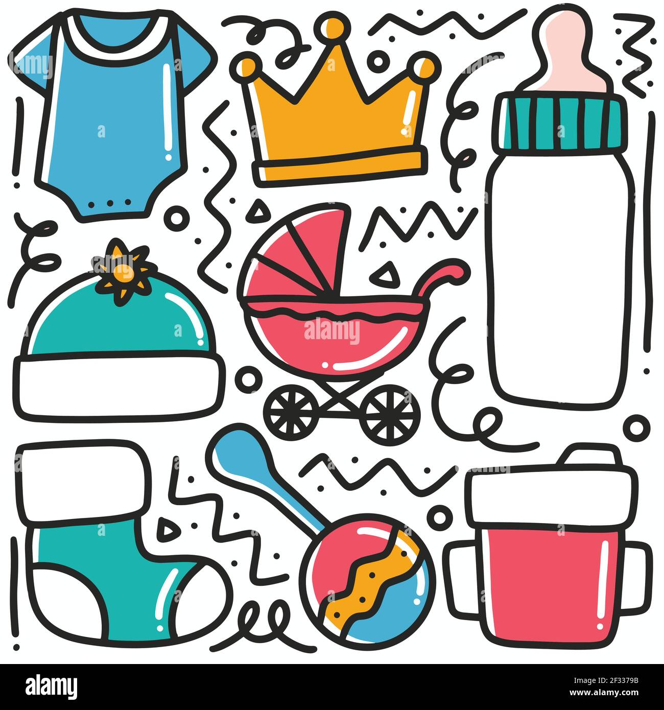 hand drawn baby stuff collection doodle set Stock Vector