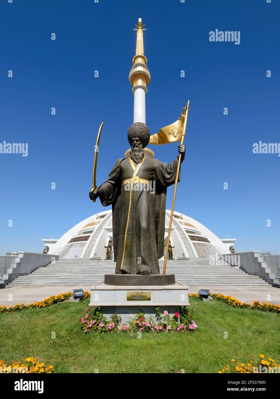 Gara Yusup Beg Turkmen statue and Independence Monument in Ashgabat, Turkmenistan. Ancient leader know as Gara Goyunly. Stock Photo