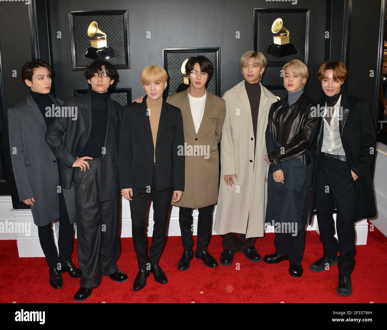 RM, V, Suga, Jin, Jimin, Jungkook, and J-Hope of music group BTS 107 attends the 62nd Annual GRAMMY Awards at Staples Center on January 26, 2020 in Los Angeles, California Stock Photo