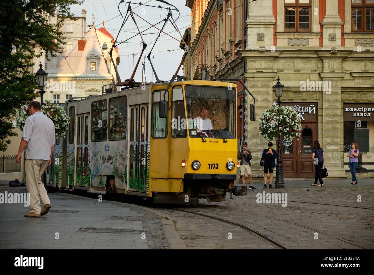 Tram going through Rynok square in centre of Lviv, Ukraine Stock Photo