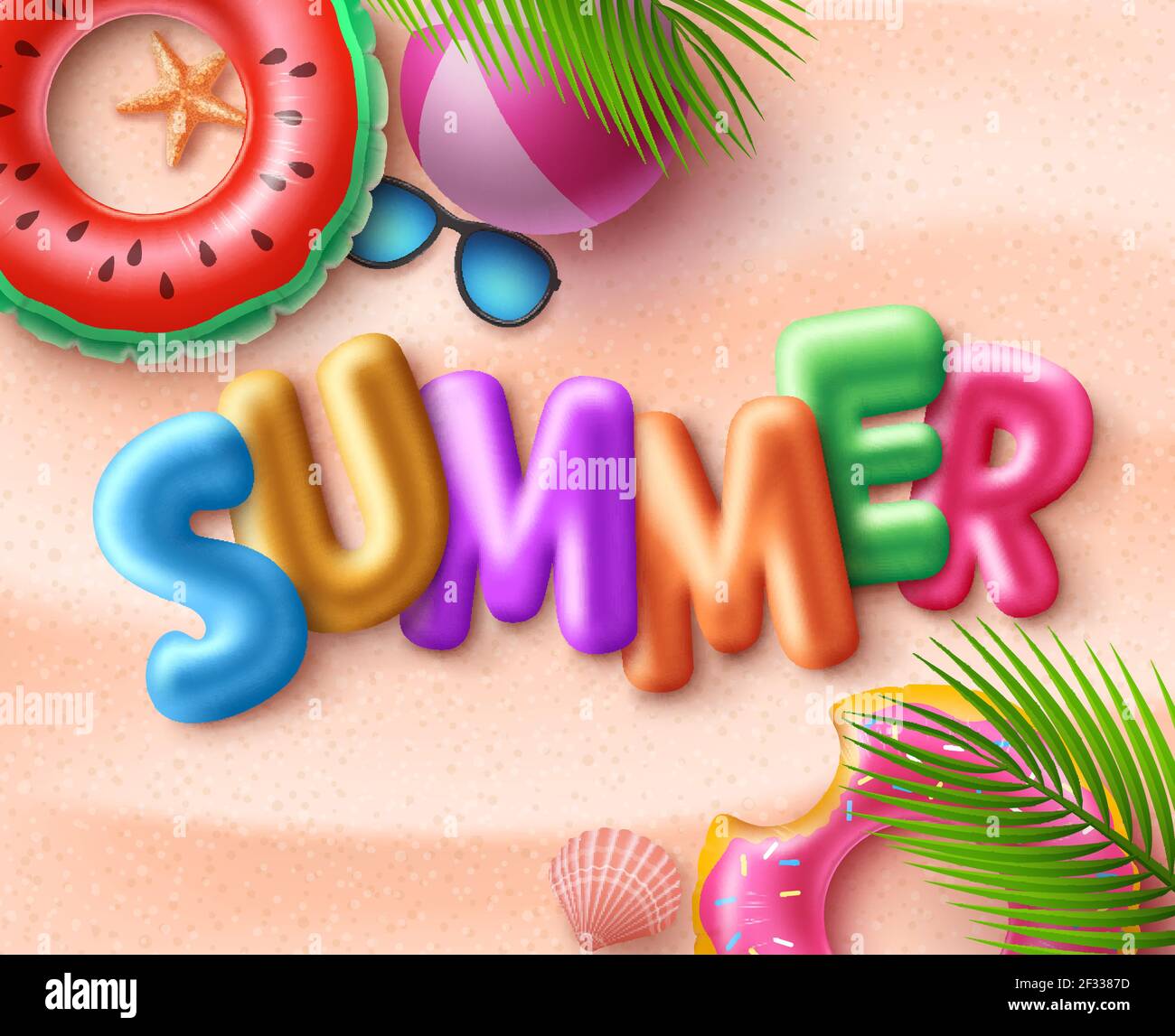 Summer beach vector background design. Summer 3d text with colorful beach elements like floaters, lifebuoy, beachball and sunglasses in seaside Stock Vector