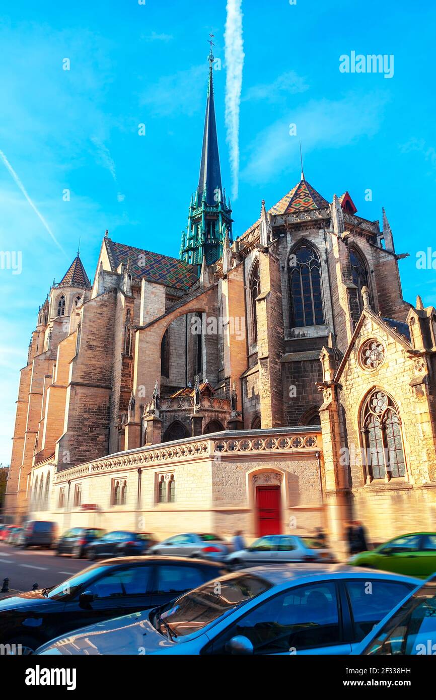 Facade of Famous Church Of Notre Dame Of Dijon . French 13th century Gothic architecture Stock Photo