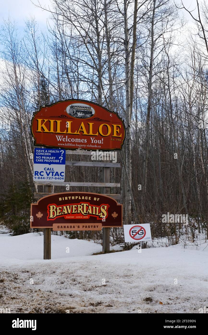 Killaloe, Ontario, Canada March 12, 2021 A sign for Killaloe