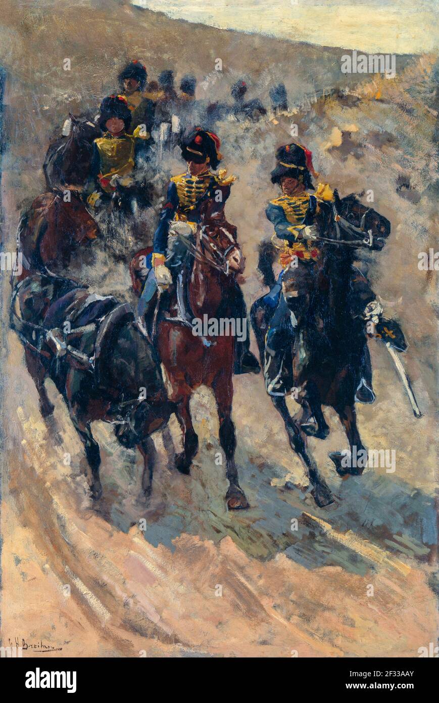 Mobile artillery. A group of riders comes running down a dune. This work is also known under the title 'De Gele Rijders'. The elite ‘Yellow Riders’ (a Stock Photo