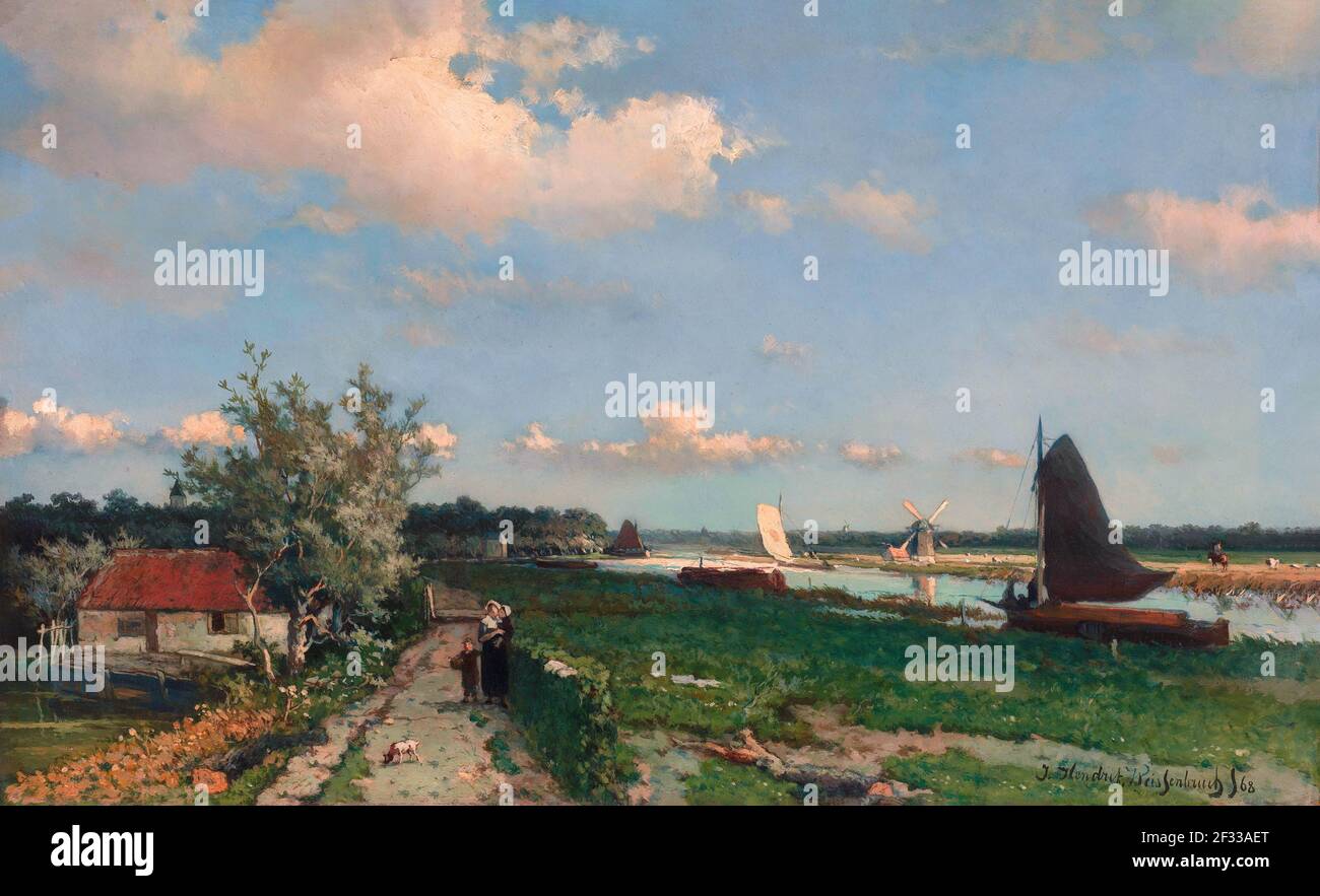 The performance entitled 'View at the Geestbrug'. A river landscape with the Trekvliet near Rijswijk with De Binckhorst castle on the left and the Laa Stock Photo