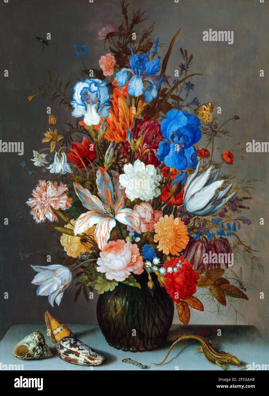 A magnificent bouquet of tulips, roses, iris, columbine and gillyflowers is set in a ribbed glass vase. The artist first made a detailed drawing on th Stock Photo