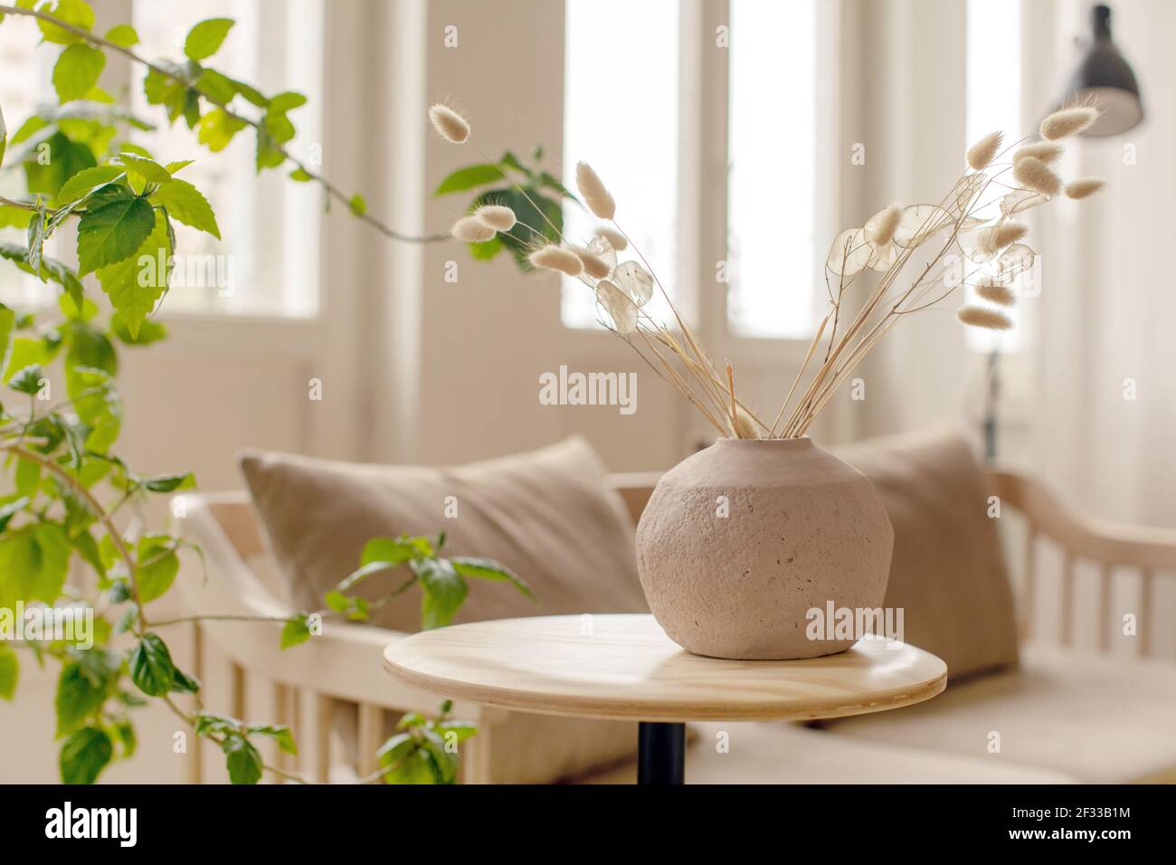 Clay vase with delicate twigs placed on round table near green plant leaves against sofa in light living room at home Stock Photo