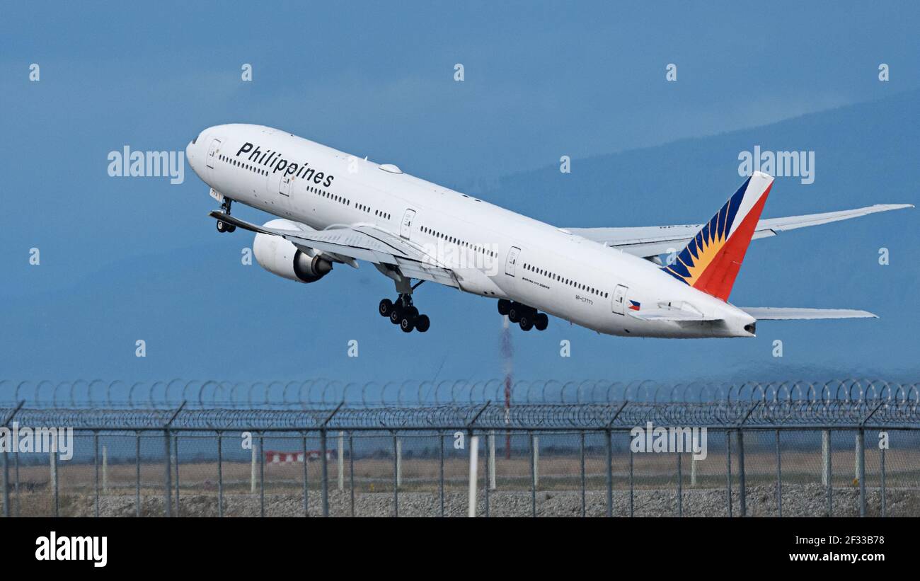 Richmond, British Columbia, Canada. 5th Mar, 2021. A Philippine Airlines Boeing 777-300ER jet (RP-C7773) takes off from Vancouver International Airport. Credit: Bayne Stanley/ZUMA Wire/Alamy Live News Stock Photo