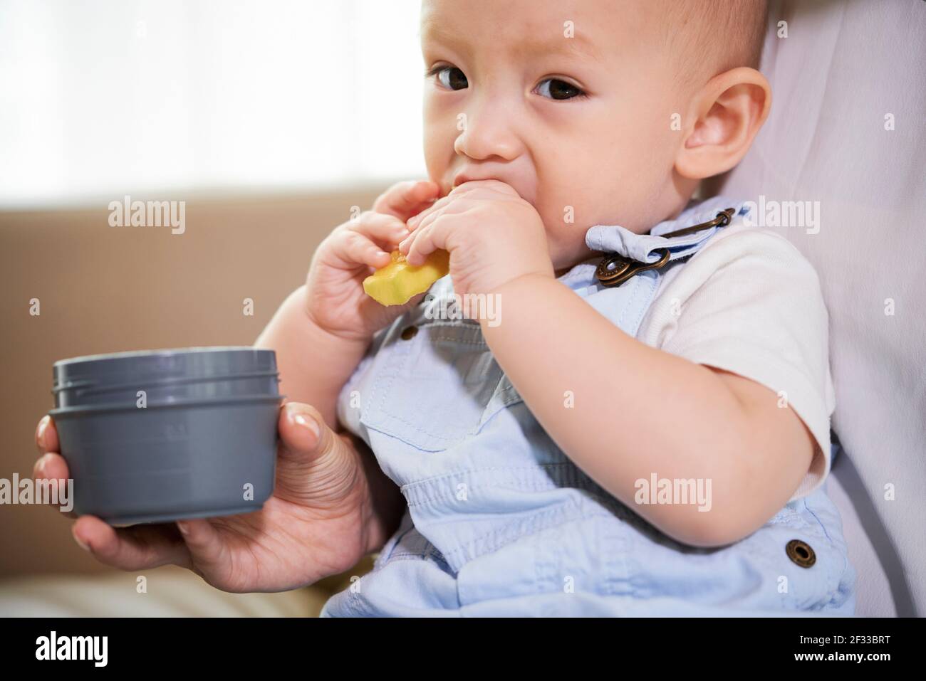 Adorable little child eating peeled apple piece and looking at camera