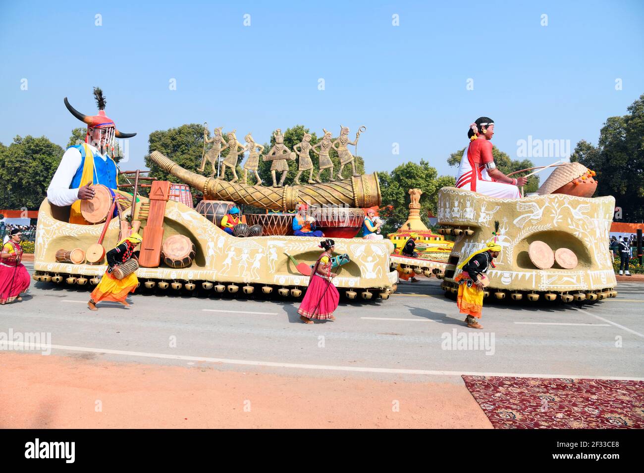 A tableau of Chhattisgarh state  of India showing splendor of musical instruments of Chhattisgarh folk music- 0n the eve of Republic day of India Stock Photo