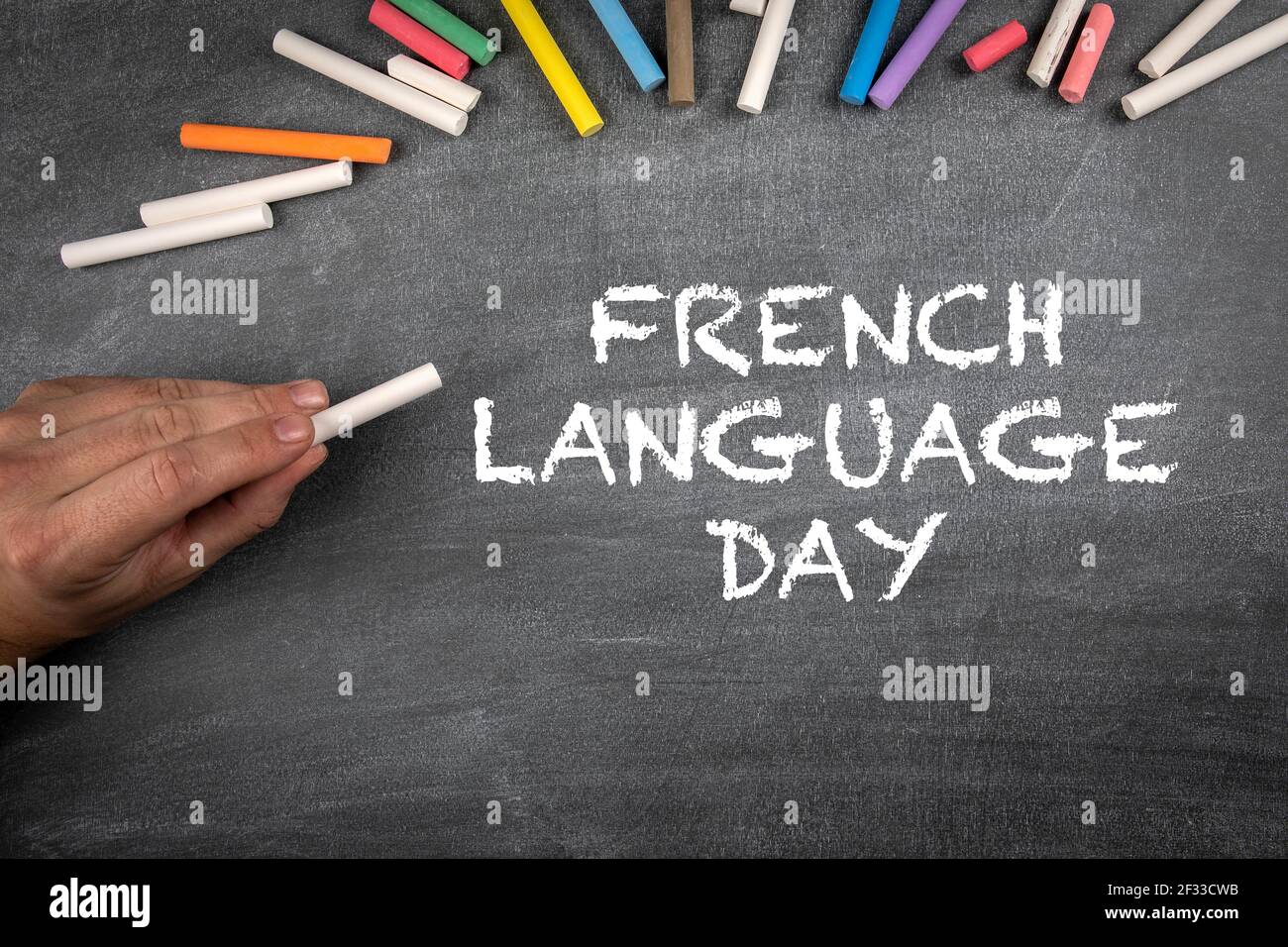 French Language Day 20 March. Gray chalk board background with colored