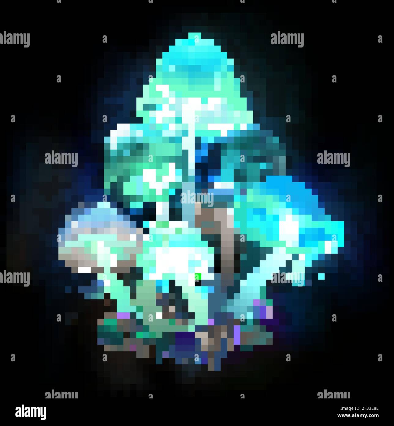 Mysterious, bioluminescent, blue, green toadstools on night, dark, glowing background. Glowing mushrooms. Stock Vector