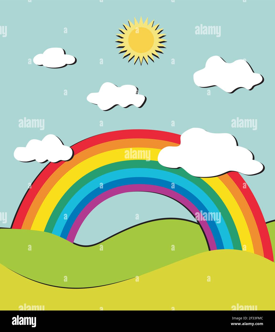 Landscape with rainbow and butterflies Stock Vector