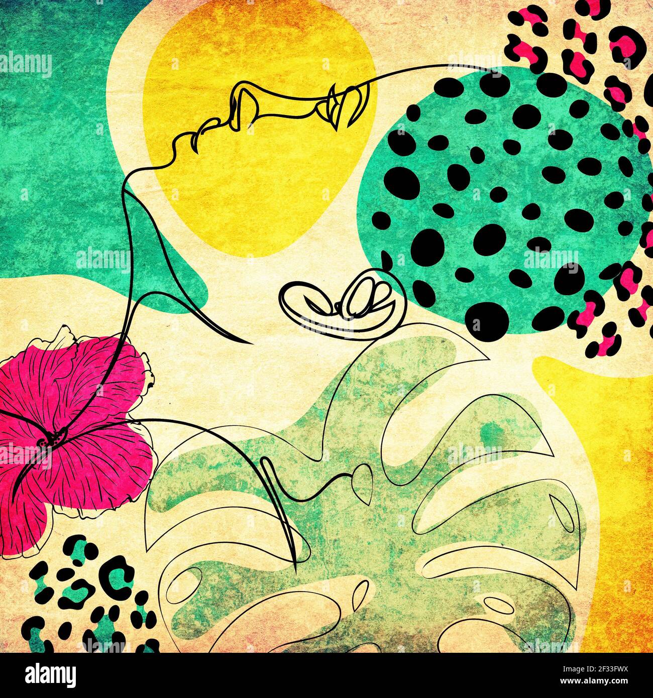 Abstract line art female portrait in profile with tropical leaves ...