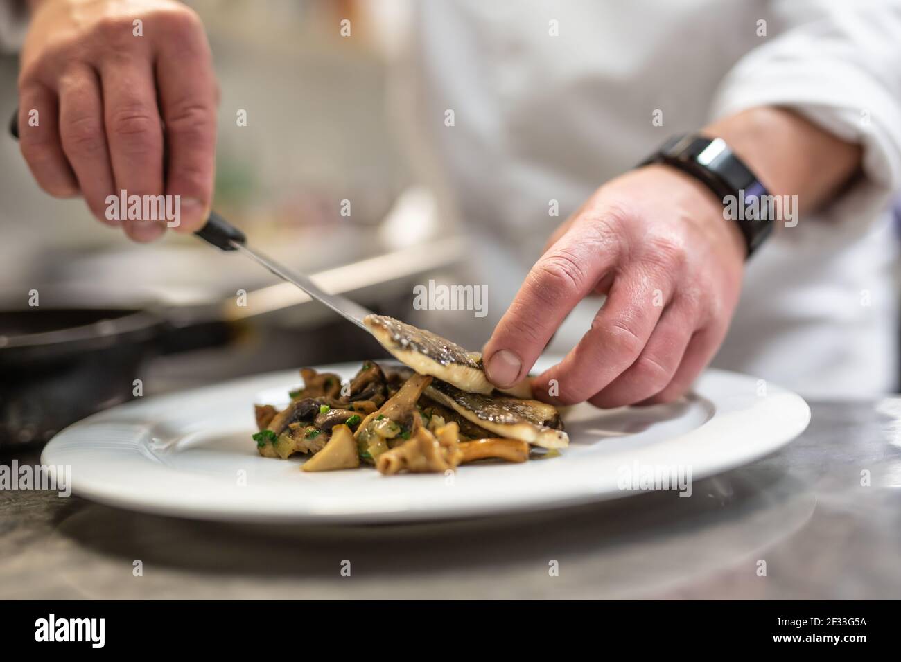 Chef plating fish on vegetables getting food ready for serving. Stock Photo
